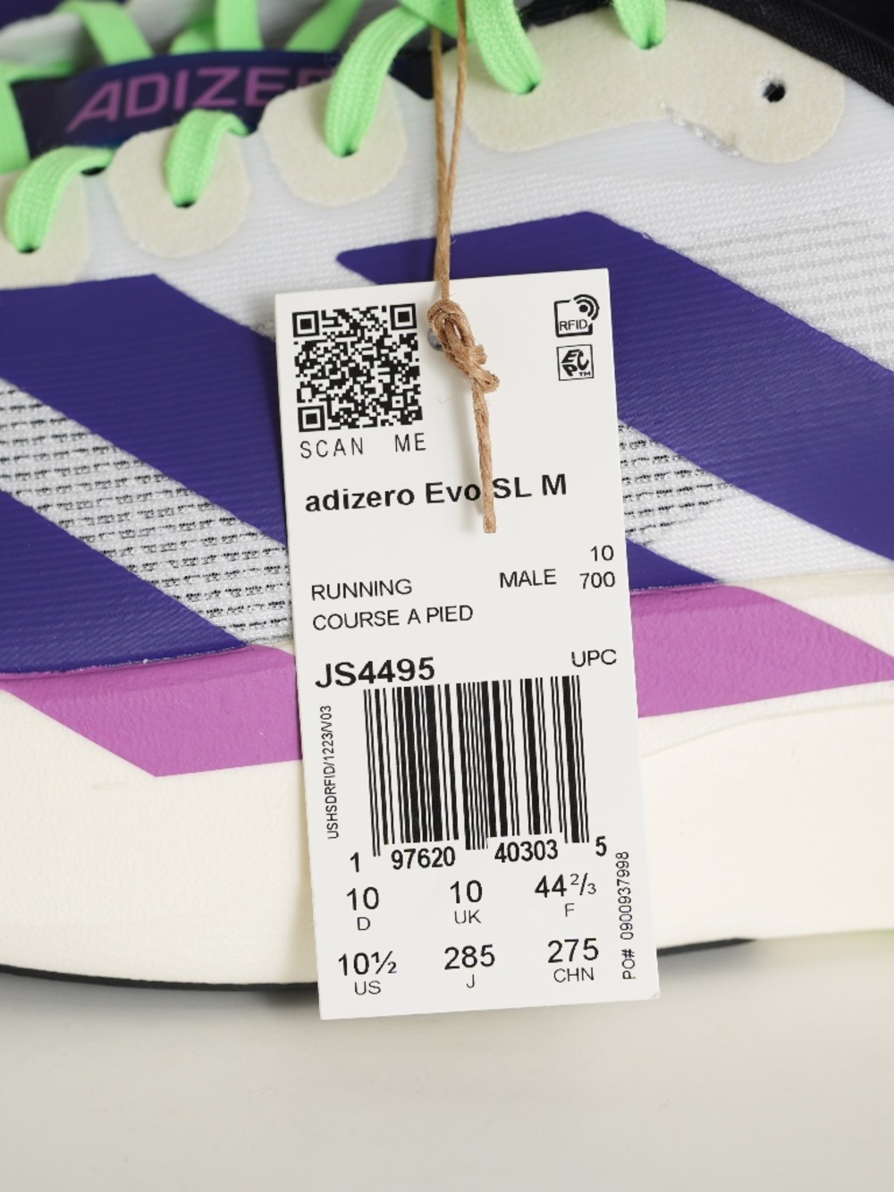 Adidas Adizero Evo SL 'White Collegiate Purple Lime Burst' / JS4495 - Picture 6 of 6